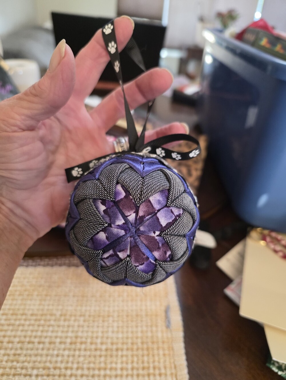 Handcrafted Purple Quilted Fabric Ornament by